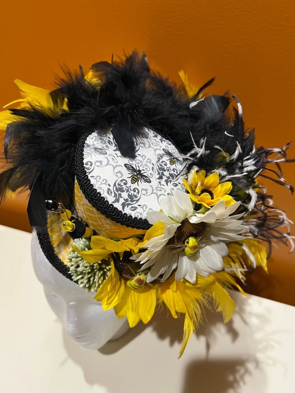 Custom Made Bumble Bee Kentucky Derby Fascinator Hat, Yellow Black Mini Top Hat - Picture 10 of 13